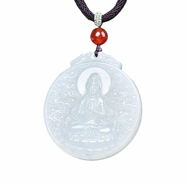 舒杰 双面精雕本命观音吊坠 和田玉项链 白玉 男款