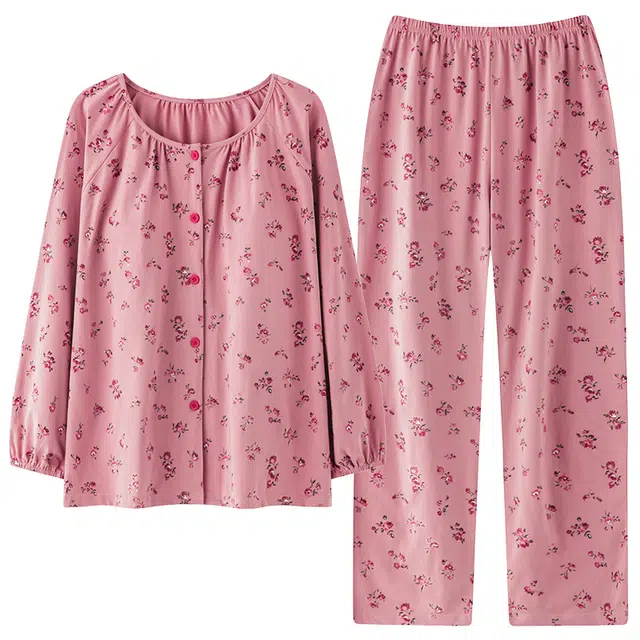 棉基因 胸垫系列 印花防凸点大码简约舒适亲肤透气长袖长裤带双侧口袋家居服休闲可外穿睡衣套装 女款 火龙果色