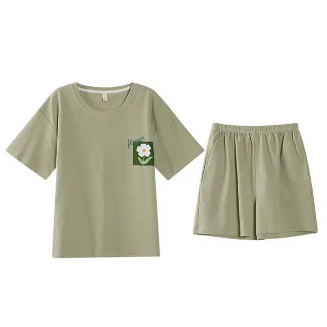 莫代尔 可外穿休闲时尚亲肤微弹圆领短袖春夏季睡衣套装 女款 绿色