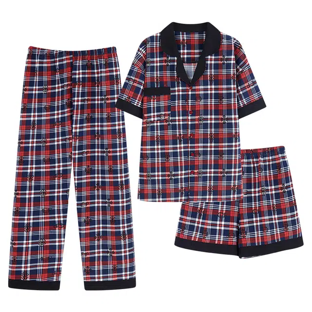 乐姿韵 柔软轻奢时尚格子纹口袋开衫翻领舒适短袖家居服睡衣套装 女款 红色