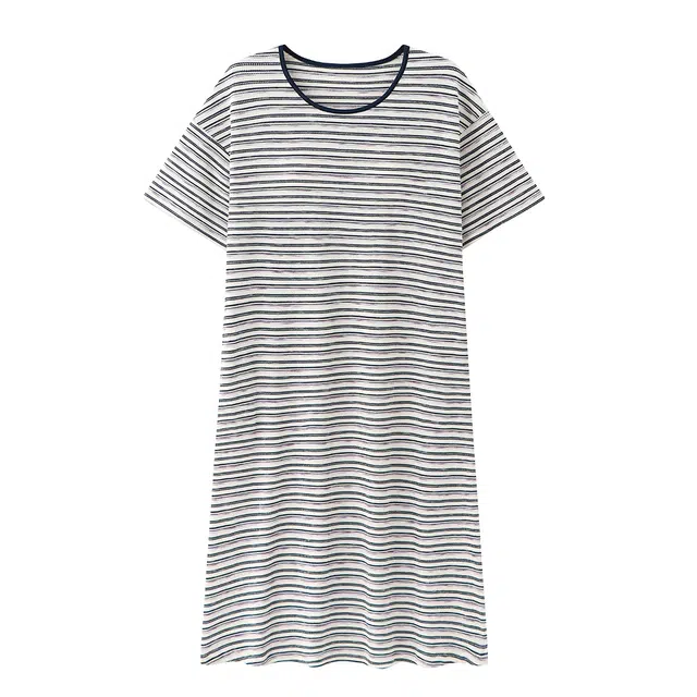 宫蝶 短袖纯棉家居服可外穿休闲条纹睡裙 女款 黑色