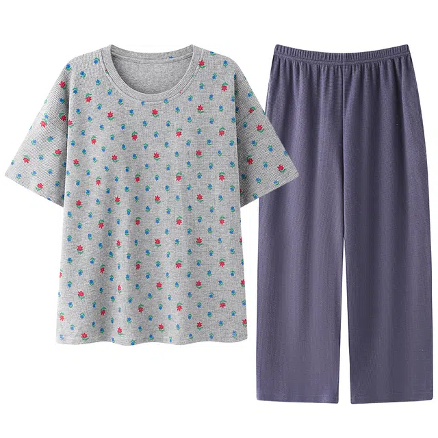 宫蝶 短袖七分裤家居服可外穿满印休闲睡衣套装 女款 灰色