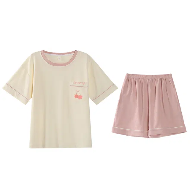 莫代尔 可外穿休闲时尚亲肤微弹圆领套头短袖带杯垫春夏季睡衣套装 女款 杏色