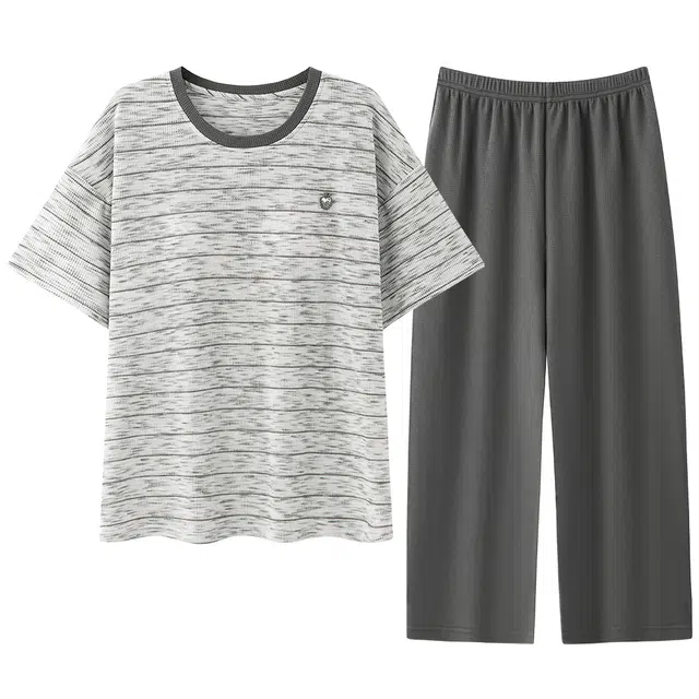 宫蝶 纯棉短袖七分裤家居服可外穿休闲条纹印花睡衣套装 女款 灰色