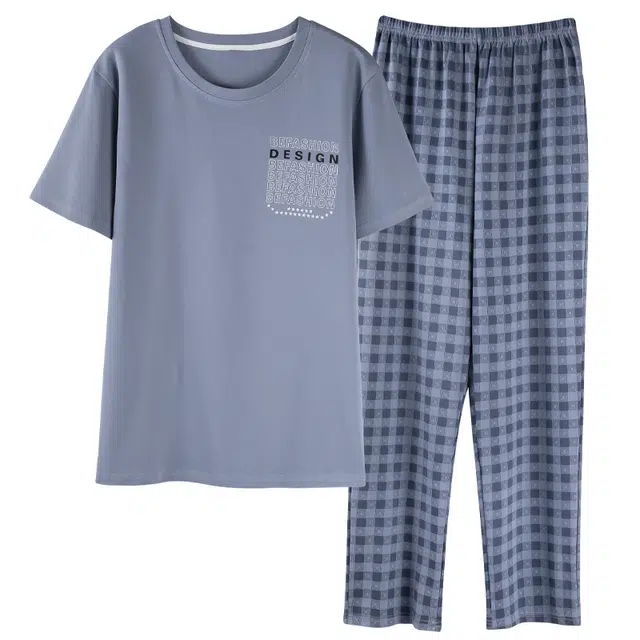 莫代尔 时尚简约舒适透气圆领轻盈柔软细腻休闲短袖长裤可外穿居家服睡衣套装 男款 蓝色