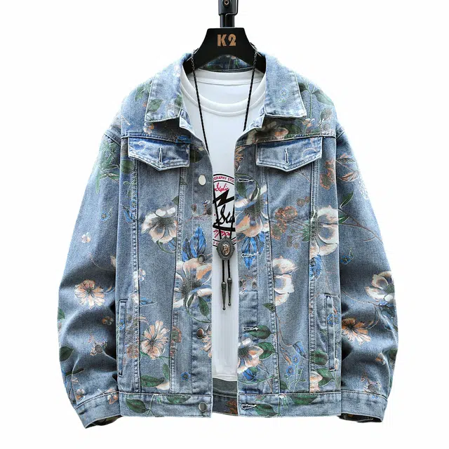 雅鹿 复古创意植物花卉图案美式学院风工艺水洗做旧百搭翻领落肩无性别主义宽松休闲单排扣牛仔夹克外套 男女同款 浅色