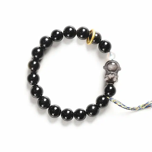 琉堇 新中式招桃花文玩念珠 古风本命年守护串珠 小众可爱设计宇航员设计珠串 甜蜜饰爱 黑曜石 手串 男女同款情侣款