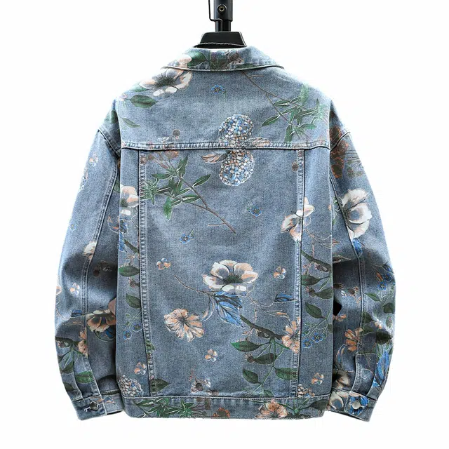 雅鹿 复古创意植物花卉图案美式学院风工艺水洗做旧百搭翻领落肩无性别主义宽松休闲单排扣牛仔夹克外套 男女同款 浅色