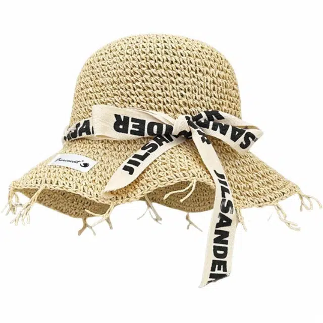 优莲茵 字母绑带流苏编织草帽 百搭遮阳海边度假沙滩帽 时尚休闲可折叠 聚酯纤维 防晒帽 女款