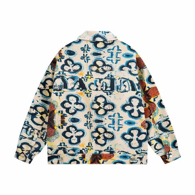 雅鹿 满印复古设计撞色宽松翻领男装休闲夹克 男女同款 米黄