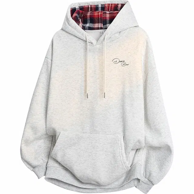 萌芽熊 美式复古重磅高街手绘渲染水晶花卉图案品牌字母印花简约休闲个性时尚百搭学生潮流运动长袖宽松条纹格子连帽卫衣 男女同款