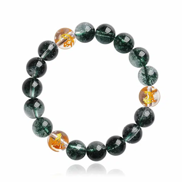 一世倾 招财聚财转运珠 国潮风三合吉配十二生肖蛇年本命年烫金吉祥典雅轻奢精致白水晶手饰好运天然 绿幽灵 手串 男女同款情侣款