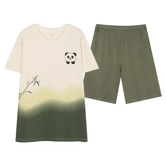 莫代尔 休闲舒适时尚个性圆领套头气质百搭宽松柔软不易起球短袖可外穿夏季睡衣套装 男款 墨绿色