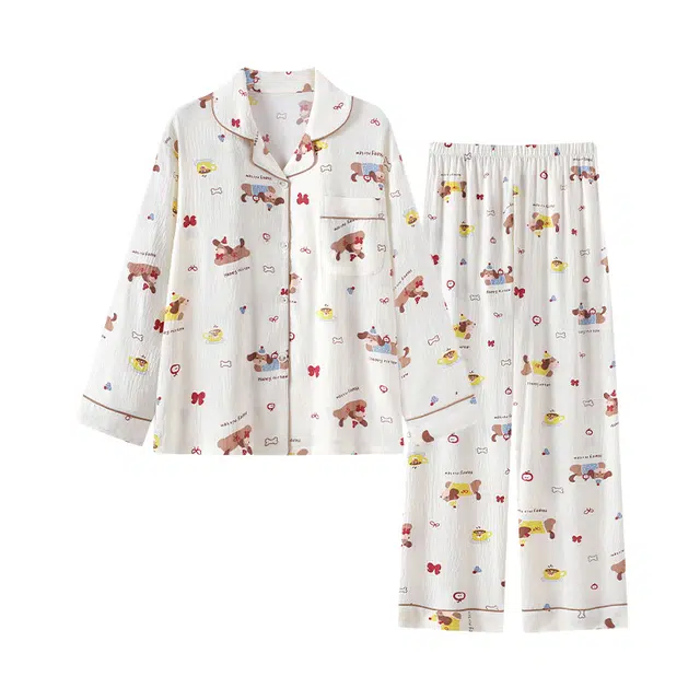 橡柠派 小清新可爱狗印花舒适长袖长袖简约时尚气质家居服睡衣套装 女款 白色