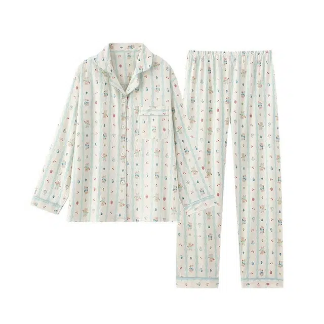 橡柠派 甜美小清新简约小熊印花长袖长裤气质家居服睡衣套装 女款 米色