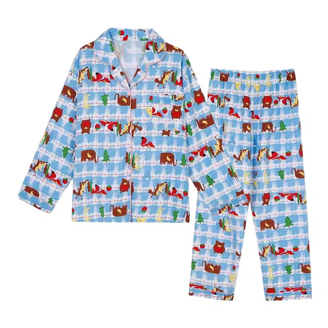 橡柠派 可爱萌趣小清新动物印花舒适长袖长裤简约气质家居服睡衣套装 女款 蓝色