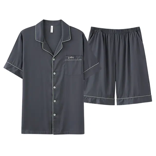 莫代尔 百搭宽松翻领开衫慵懒气质短袖高级不易掉色可外穿夏季睡衣套装 男款 灰色