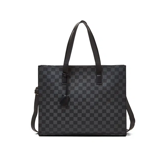 老人头 通勤百搭简约小众设计上班单肩包 合成革 斜挎包 男款 黑色-棋盘格