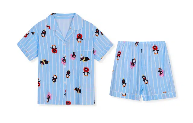 夏芬妍 柔软舒适趣味企鹅云朵棉翻领开衫家居服亲肤休闲短袖短裤可外穿睡衣套装 女款 蓝色