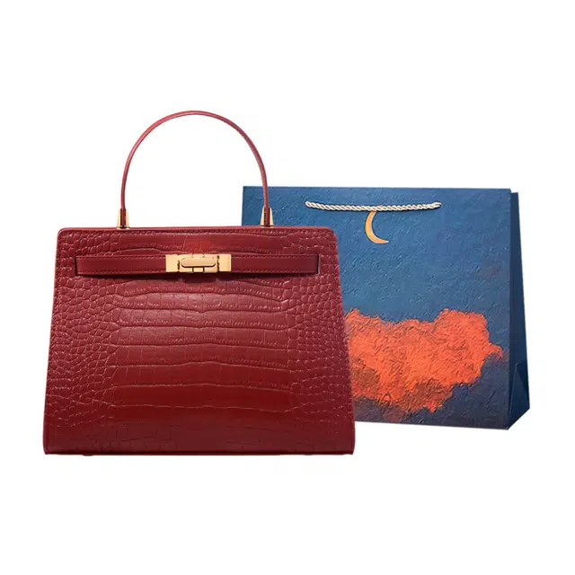 爱尔绅特 高级感复古婚包新娘鳄鱼纹气质妈妈包 人造革 手提包 常规 女款 红色