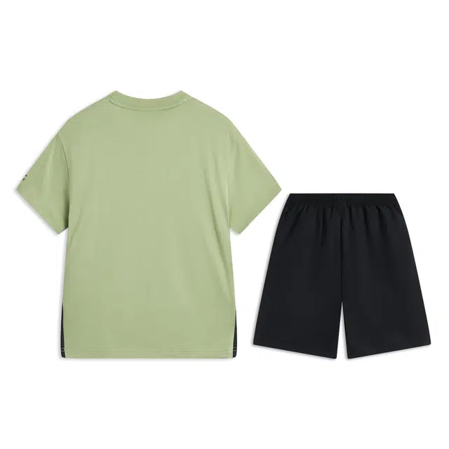李宁儿童休闲运动套装 运动生活系列 圆领拼色短袖柔软五分裤 土灰绿/黑色 儿童款