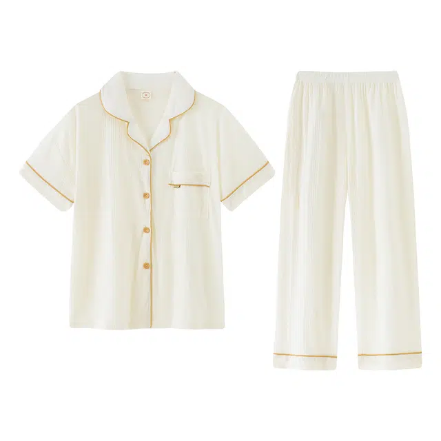 莫代尔 时尚亲肤纯色休闲细腻舒适翻领开衫百搭柔软短袖七分裤家居服可外穿睡衣套装 女款 杏色