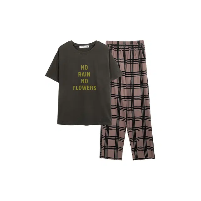 贝妍 薄款圆领短袖长裤休闲大码睡衣套装 女款 深灰色