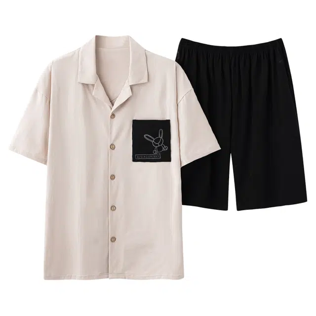 莫代尔 可外穿亲肤柔软圆领细腻简约休闲短袖春夏季睡衣套装 男女同款