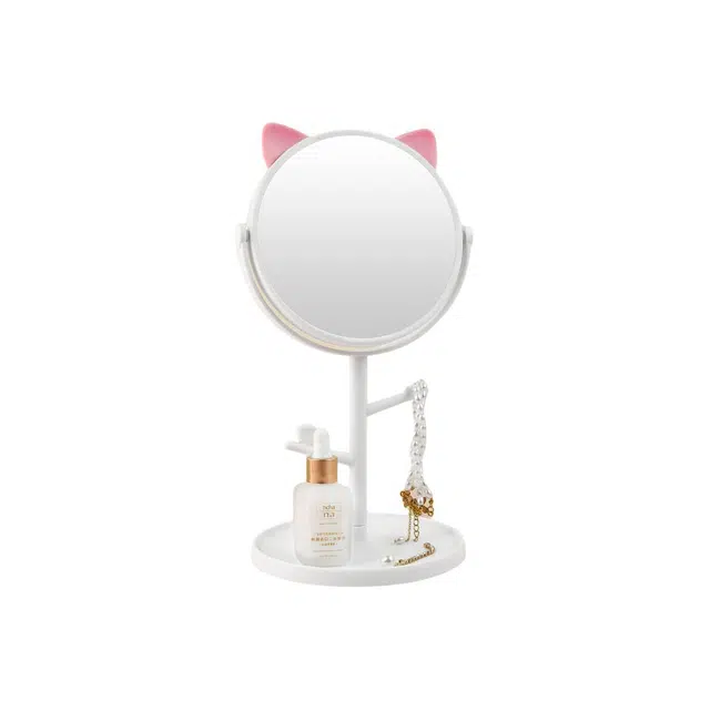 静玲珑 嫩少女心创意高清台式可旋转化妆镜桌面学生宿舍公主镜梳妆镜 猫耳朵白色