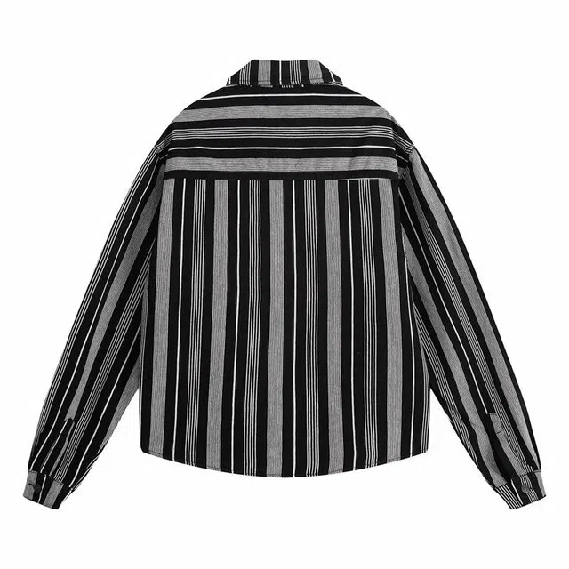 雅鹿 潮流条纹复古宽松长袖夹克外套 男女同款 黑色