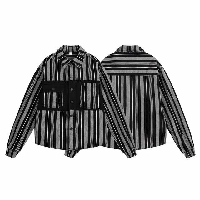 雅鹿 潮流条纹复古宽松长袖夹克外套 男女同款 黑色