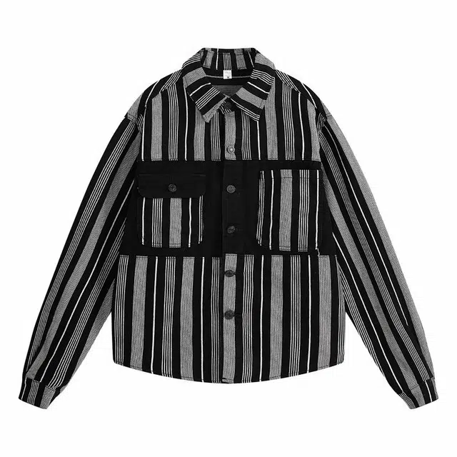 雅鹿 潮流条纹复古宽松长袖夹克外套 男女同款 黑色
