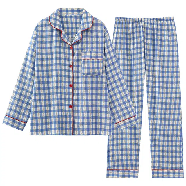 俏韵 小清新格子休闲时尚长袖长裤家居服睡衣套装 女款 蓝色