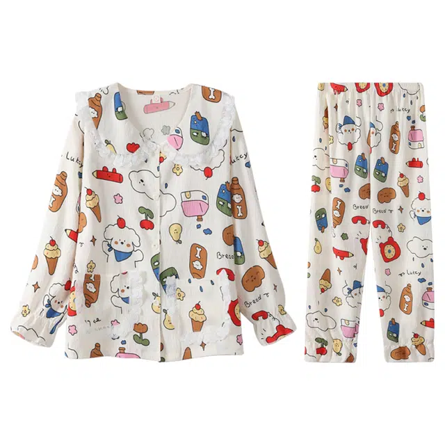 向薇 休闲舒适长袖上衣家居服长裤睡衣套装 女款 图片色