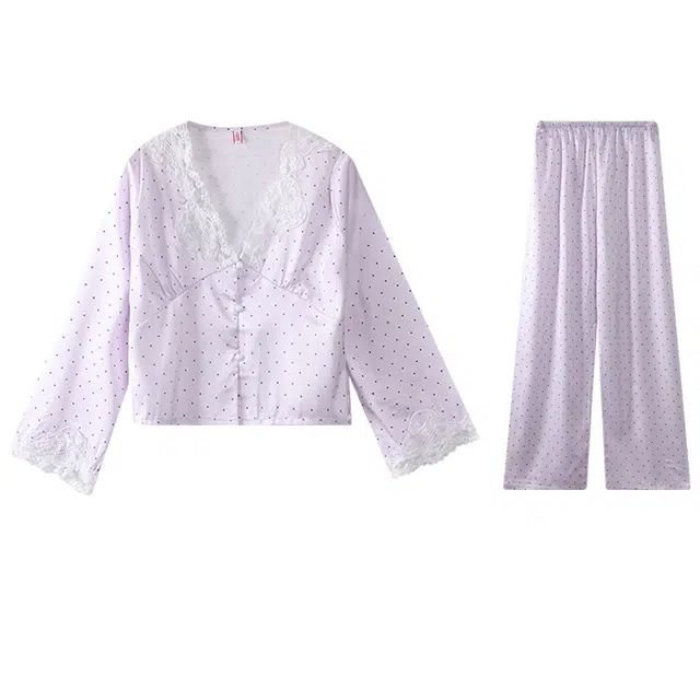 向薇 薄款休闲舒适长袖长裤家居服睡衣套装 女款 图片色