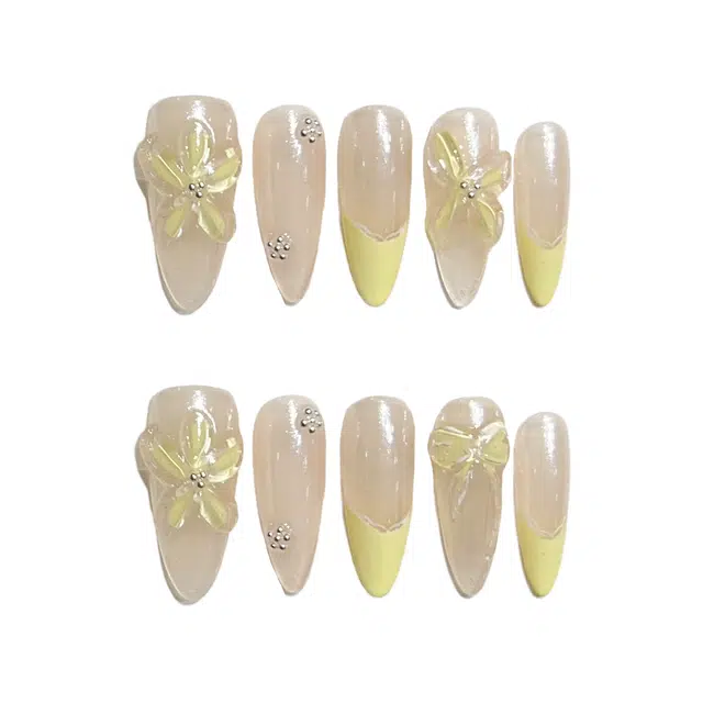 爱鼎琪 蝴蝶结冰花显白冰透  穿戴甲 长款黄色渐变