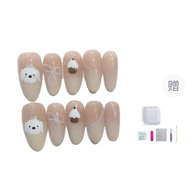 几多萌 梦幻奶油小狗穿戴甲手工可爱风手绘款美甲法式渐变  杏仁白色裸色