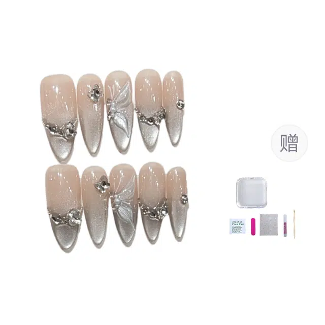 几多萌 穿戴甲纯手工爆闪碎钻精灵蝴蝶美甲贴片假指甲高级感气质甲片  杏仁银色裸色
