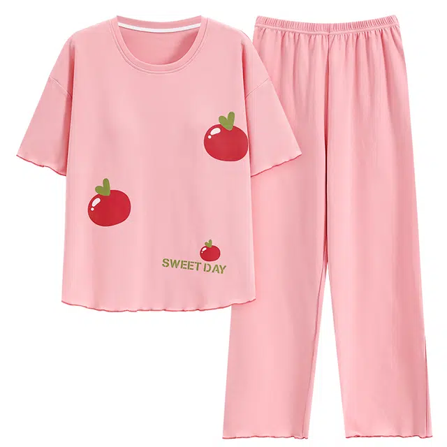 莫代尔 轻柔宽松透气圆领套头舒适百搭时尚亲肤短袖长裤可外穿春夏季睡衣套装 女款 粉红色