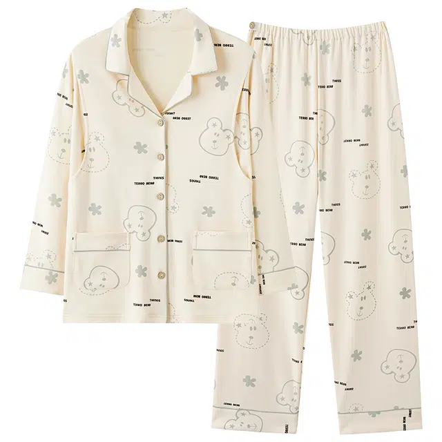 欧迪芬 带胸垫翻领可爱舒适简约长袖上衣休闲家居服长裤睡衣套装 女款 杏色