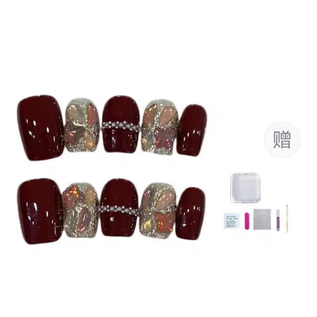 几多萌 纯手工穿戴甲片法式短款爆闪极光钻假指甲贴片批发可拆卸  短短梯深红色纯色