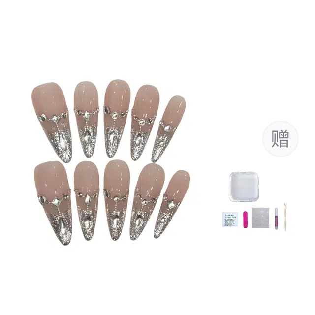 几多萌 气质温柔  穿戴甲 杏仁长款透色裸色 法式亮片 甲片可拆卸