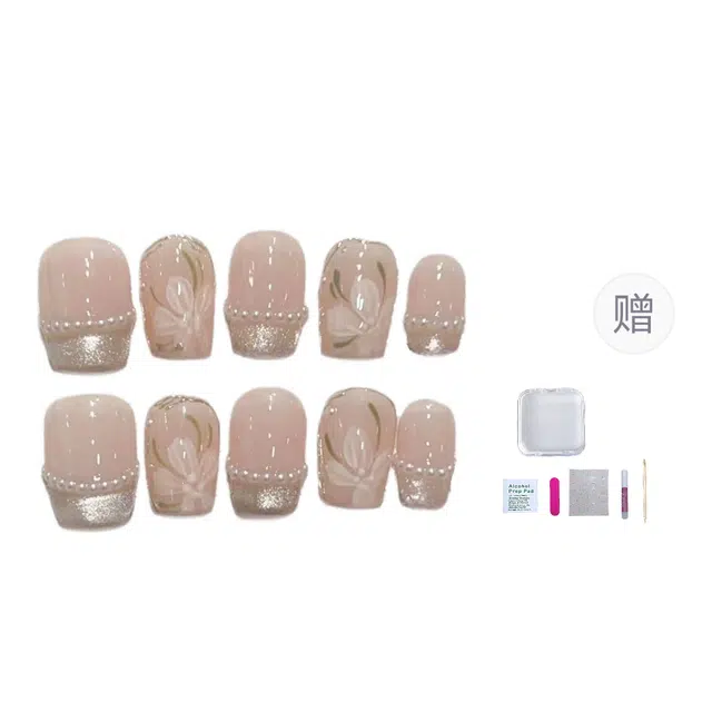 几多萌 珍珠手绘山茶花  穿戴甲 短短梯透色裸色 猫眼法式