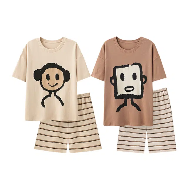 俏韵 卡通薄款圆领短袖可外穿睡衣套装 男女同款