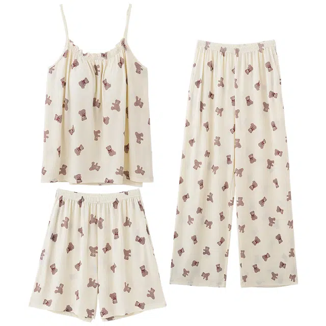 兰缪 螺纹凉感带胸垫吊带甜美可爱风可外穿睡衣套装 女款