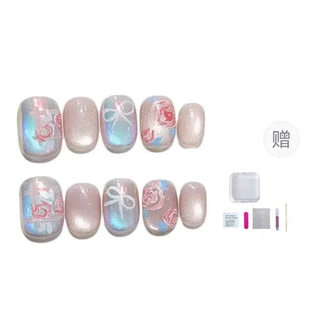 几多萌 纯手工穿戴甲氛围感手绘玫瑰花蝴蝶结幻彩猫眼美甲日常短款可拆卸  短方圆白色裸色