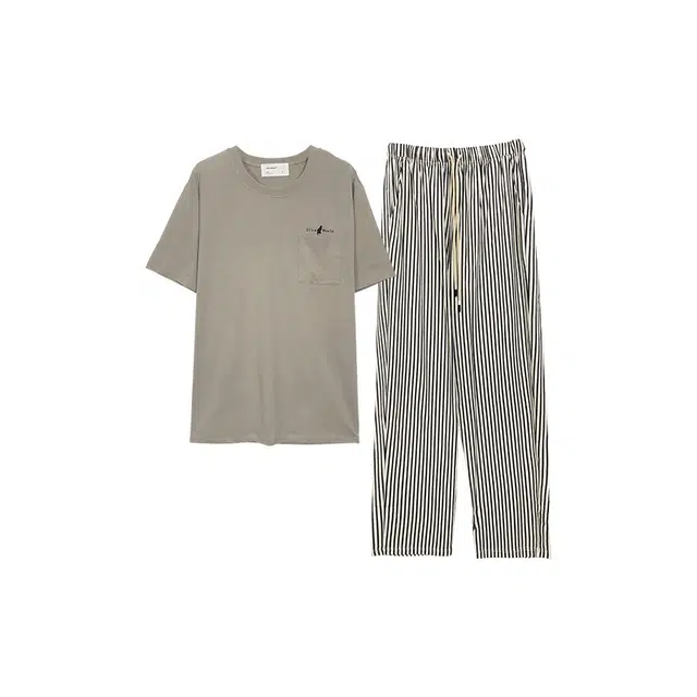 贝妍 薄款凉感短袖长裤休闲条纹简约睡衣套装 男款 灰色