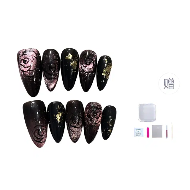几多萌 灵动玫瑰穿戴甲片高级感烟花猫眼渐变法式辣妹美甲  杏仁黑粉晕染