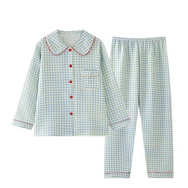 俏韵 格子长袖长裤家居服舒适透气睡衣套装 女款 绿色