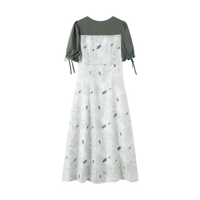 古莲菲 复古文艺碎花气质拼接法式温柔中长款裙子短袖连衣裙 女款 绿色